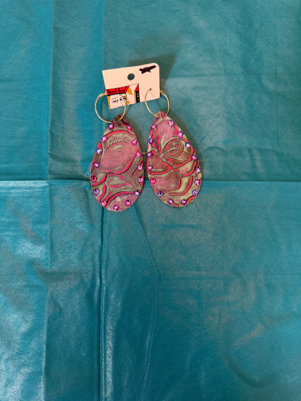 Handcrafted Pink Floral Leather Earrings with Rhinestones